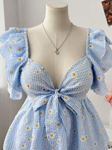 Flirla 大码女式荷叶边袖衬衫，带蝴蝶结，蓝色格子雏菊印花，A 字形，优雅休闲 - 藍色 - 查看 3