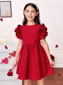 SHEIN Tween Girl Solid Color Rose Flower Ruffle Hem Zipper Short Sleeve Dress