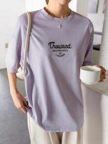 DAZY Áo thun hở vai họa tiết chữ mùa hè - Màu Lilac Tím - Xem 5