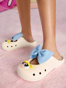 THE POWERPUFF GIRLS X SHEIN Chanclas supermonos con gran lazo blanco y diseño de burbujas de dibujos animados, fabricadas en material EVA ligero para uso en interiores y exteriores