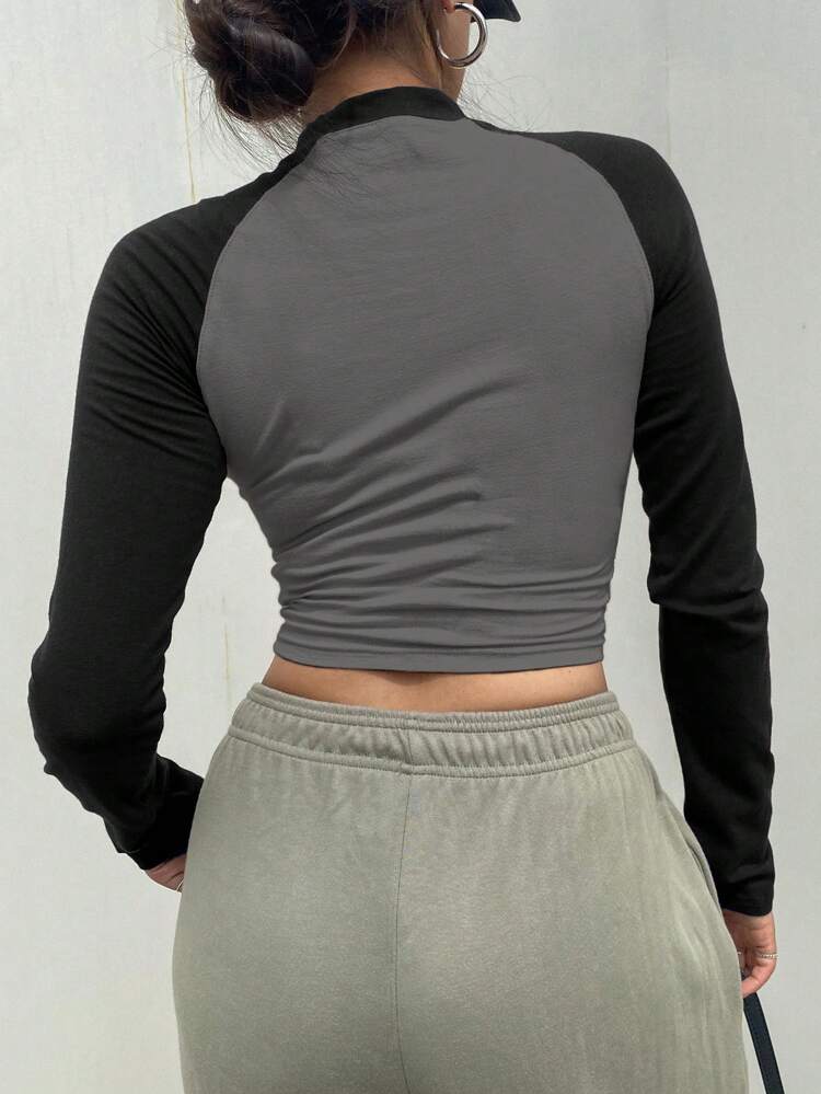 Letter Patched Colorblock Long Raglan Sleeve T-Shirt Y2k Long Sleeve Women Tops