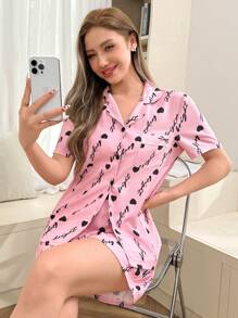 Dream Adore Conjunto de pijama de mujer con estampado de corazones y letras en el cuello