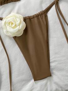 Swim Chiccia Women's Summer Beach 3D Floral Decor Halter Tie Sexy Bikini Two Pieces Swimwear Set - Brown - View 4