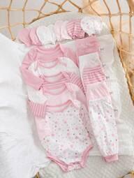 Newborn Baby Girl Cute Versatile Knitted Striped Powder Pink Star Pattern Romper, Pants, Mittens 15pcs Set,Spring, Summer And Autumn, Suitable For Daily Life, Home And Leisure