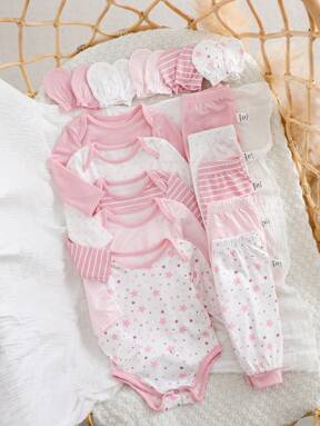 Newborn Baby Girl Cute Versatile Knitted Striped Powder Pink Star Pattern Romper, Pants, Mittens 15pcs Set,Spring, Summer And Autumn, Suitable For Daily Life, Home And Leisure