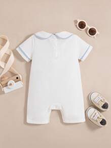 Souflis Souflis Newborn Baby Boy Summer Jumpsuit With Peter Pan Collar, Contrast Color Sleeves Cuffs & Front Panel, Cute Embroidered Pattern, Snap-Up Front, Bottom Opening, Overall Shorts For Easy Wear - White - View 8