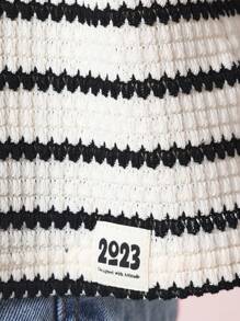 SUMWON Textured Crochet Knit Button-Up Shirt Preppy Stripe Pattern Summer Spring Short Sleeve Casual Everyday Beach Holiday Resort Wear Youth - Beige - View 5