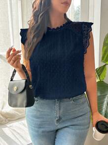 SHEIN Frenchy Plus Size Casual/Work Lace Trim Sleeveless Blouse - Navy Blue - View 4