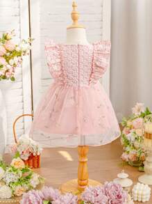Glamorique Kids Vestido túnica para bebé niña con recortes con volantes, parches de jacquard y malla, para primavera/verano - Rosa coral - Ver 2