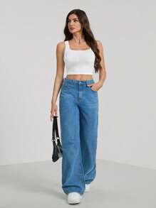 SHEIN Tall Summer White Simple Basic Versatile Square Neck Tank Top, Suitable For Many Occasions