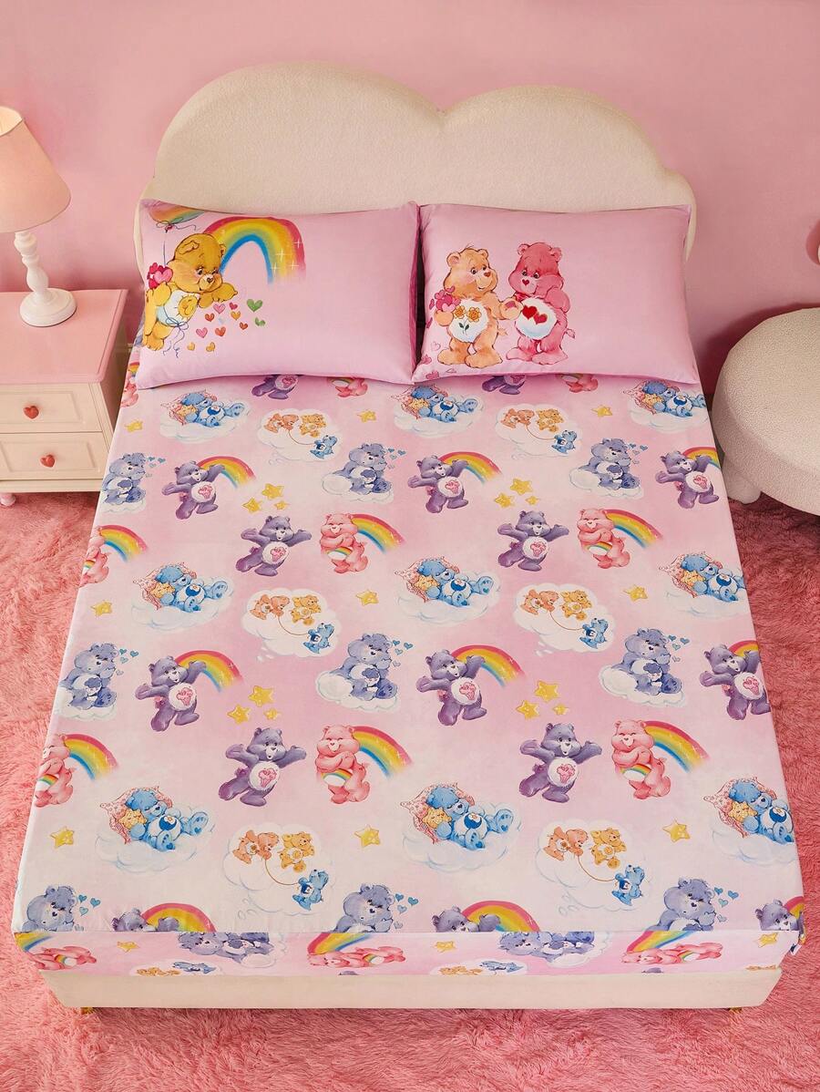 SHEIN X Care Bears 1 tấm ga trải giường mềm mại in hình gấu hoạt hình dễ thương & cầu vồng & mây, nhiều kích cỡ - Nhiều màu - Xem 1