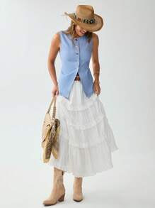 SHEIN LUNE Chaleco vaquero de efecto denim azul casual de verano para festivales de música - Azul - Ver 1