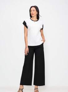 EMERY ROSE Elegantes, lässiges, plissiertes Farbblock Rundhals Kurzarm Damen T-Shirt