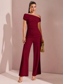 SHEIN BAE 女式不对称褶皱阔腿连体裤，适合春夏季度假、海滩、泳池派对、庆典、约会之夜、外出 - 酒紅色 - 查看 3