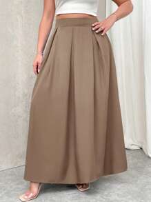 Firerie Plus Size Women Grey High Waist Long A-Line Pleated Skirt With Pockets, Elastic Waist, Suitable For Fall And Back-To-School - Khaki - View 4