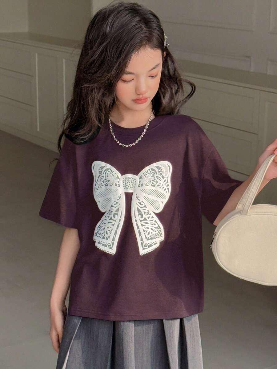 Dazy Kids 青少年女孩圆领针织蝴蝶印花短袖 T 恤,春夏季,返校服装 - 紫羅蘭色 - 查看 1