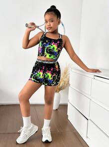 SHEIN Tween Girls Casual Round Neck Sleeveless Sports Suit, Fashionable - Black - View 4