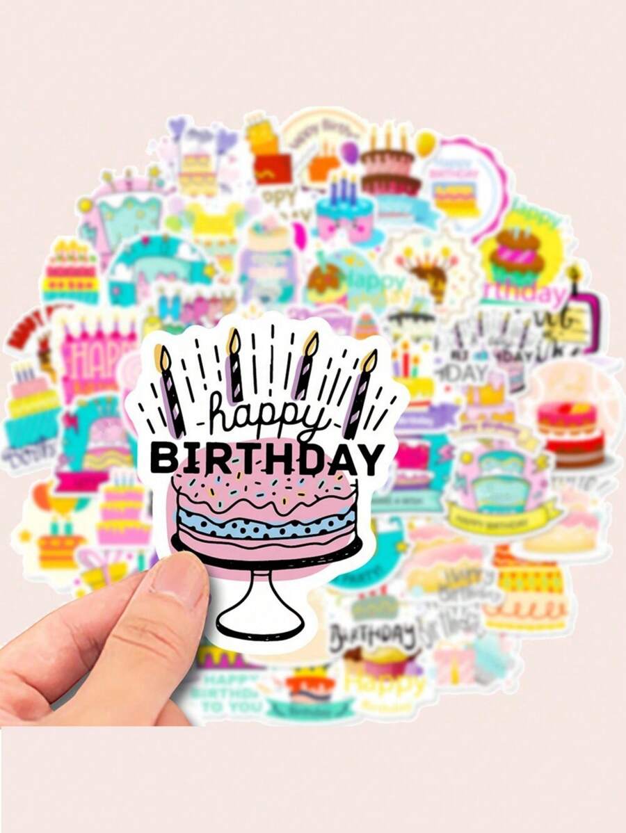 50张4.8cm*5cm卡通生日蛋糕和生日快乐蜡烛涂鸦贴纸，个性化装饰，适用于吉他、笔记本、手提箱、手提电脑、摩托车、滑板、水杯，适合母亲节、生日装饰。 - 彩色 - 查看 1