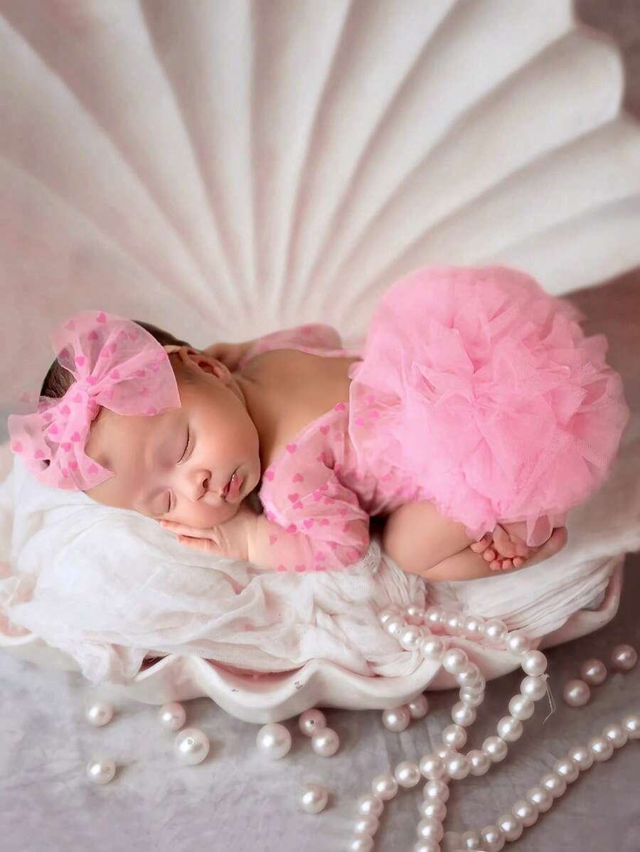 SHEIN Newborn Photography Props - Baby Polka Dot Lace Bodysuit & Bow Headband Set