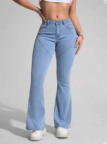 SHEIN EZwear Women's Casual Washed Low Waist Slim Flared Jeans - Light Wash - View 6