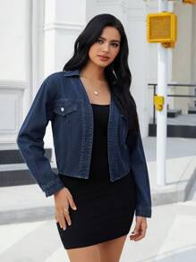 SHEIN Essnce 女士休闲牛仔夹克，长袖，百搭，适合秋季日常穿着 - 深色水洗藍 - 查看 4