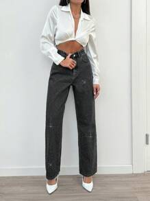 EURMUSE High Waist Diamond Detailed Straight Jean - Dark Grey - View 3