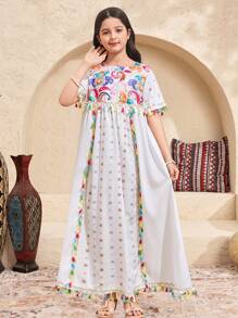 SHEIN Tween Girl Casual Holiday Loose A-Line Colorful Floral Retro Print Long Tassel Decorated Short Sleeve Woven Retro Printed Dress - Beige - View 3