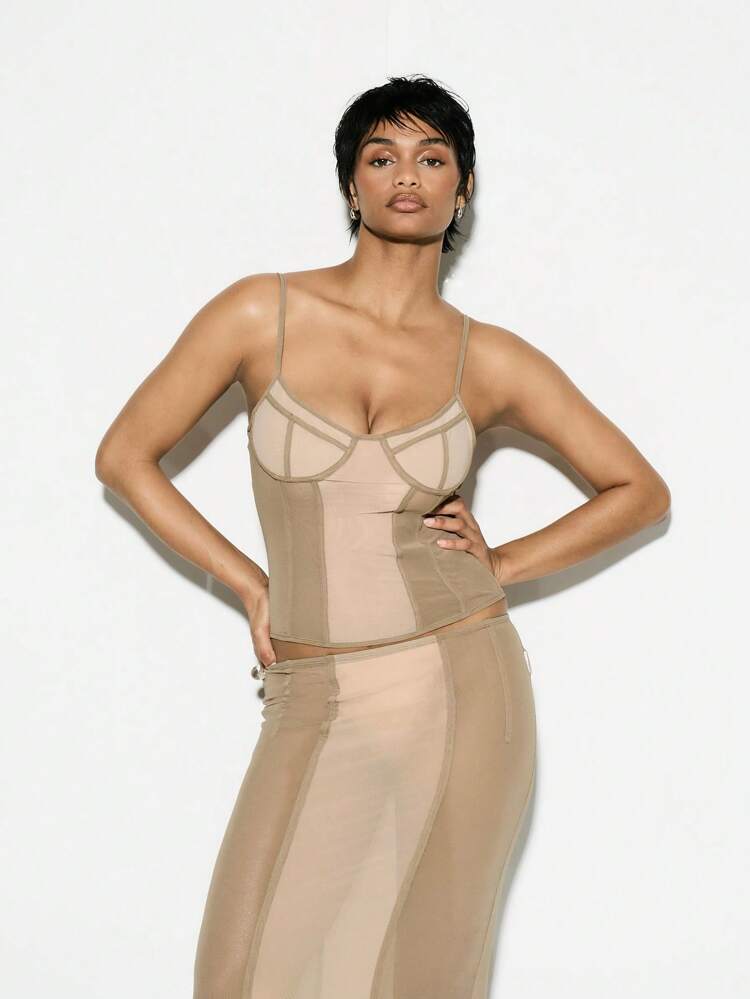 KIZN Women Designer Panelled Mesh Structured Bodycon Corset Bustier Top