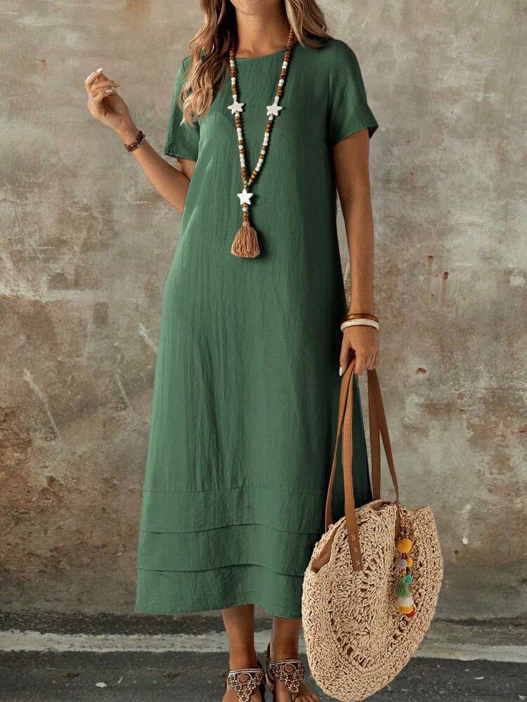 Plus Size Solid Color Short Sleeve Casual Vacation Dress Spring Outfits For Women Vacation Country Sage Green,Summer