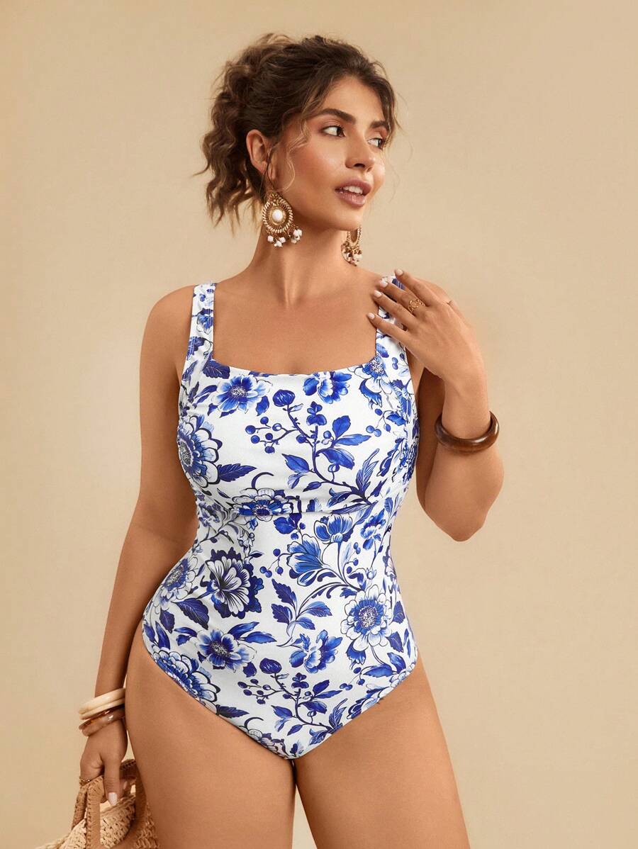 Travachic Plus Size Women Tropical Floral Print Blue Jumper One-Piece Swimsuit, Casual Resort Wear