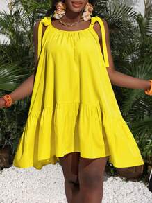 Slaydiva Women's Ruffle Trim Tie-Up Short Dress - Yellow - View 3