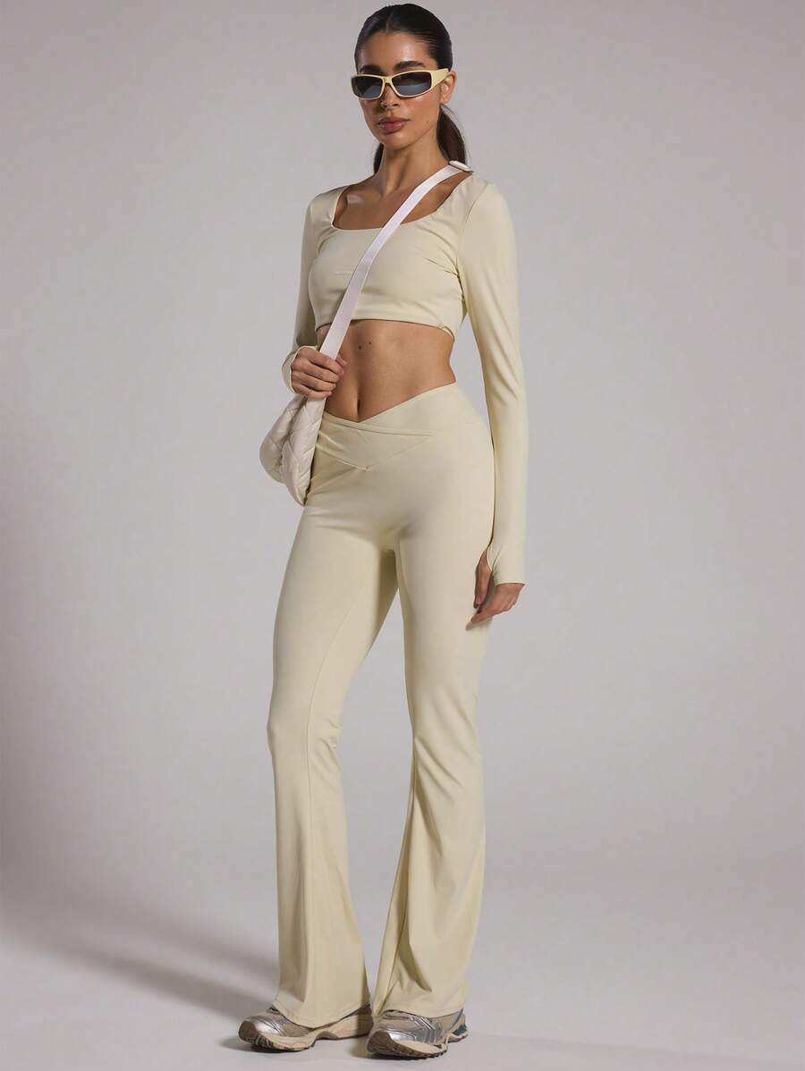 Musera Sport Crossover Waist Fitted Flared Leggings Sport, Active, Workout, Gym, Padel, Tennis, Pickleball Gym Fitness - Cream - View 1