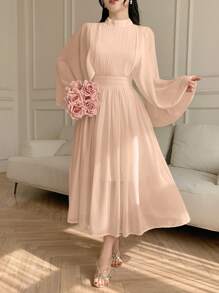 DAZY Solid Color Stand Collar Pleated Ruffle Sleeve Mid-Length Dress For Women,Fall Clothes