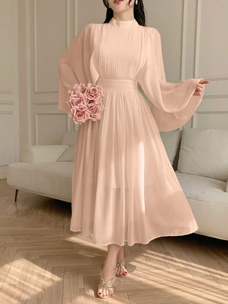 DAZY Solid Color Stand Collar Pleated Ruffle Sleeve Mid-Length Dress For Women,Fall Clothes