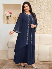 Modelyn 女士加大码水钻装饰长袍和睡袍两件套，优雅 - 藏蓝色 - 查看 4