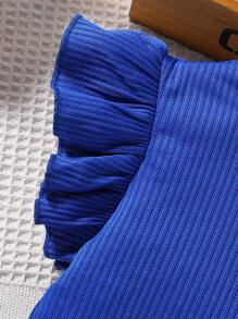 SHEIN Young Girls' Simple Chic Blue Ribbed Patched Butterfly Print Ruffle Hem Dress With 3D Bow Decor, Summer - Blue - View 4