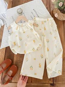 Emery Rose Kids Emery Rose Kids 2 件套年轻女孩编织碎花荷叶边下摆上衣和宽松长裤套装 - 藍色 - 查看 2