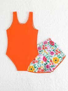 Tween Girls Floral Print Splicing One-Piece Swimsuit With Board Shorts For Beach Vacation - Orange - View 3