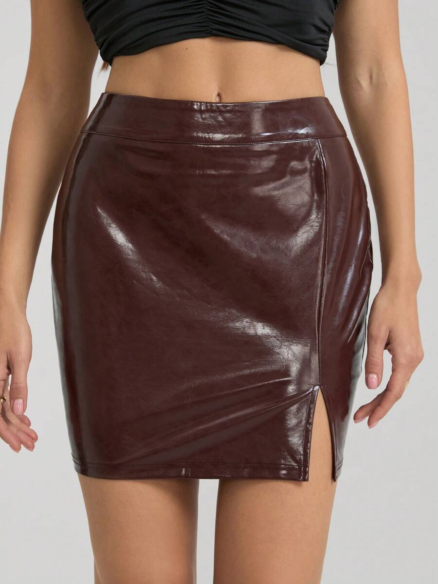 SHEIN Tall High Waist Plain Color Slit Skirt, Office/Commuting Style