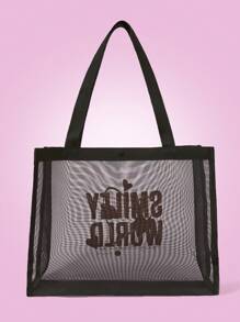 SmileyWorld® | SHEIN Bolso de mano grande con estampado de letras y corazones para mujer - Negro - Ver 6