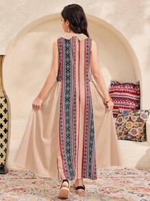 SHEIN Vestito senza maniche da ragazza pre-adolescente, casual ed elegante, con colletto e motivo retrò a colori - Beige - Visualizzare 5