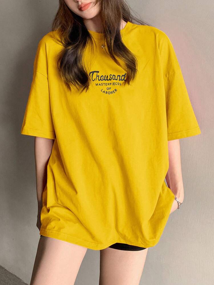 Women Summer Daily Wear Short Sleeve T-Shirt With Letter Print Thousand MASTERPIECES OF LABORER Oversized T-Shirt