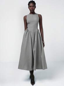 Aveloria Modichic فستان للنساء بخصر مطاطي مجعد مع شق بجيبين مرن بطراز أنيق لائق للتنقل بسيط وعملي