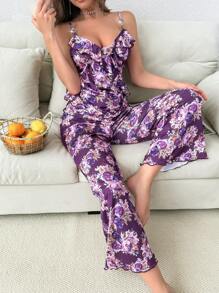 心形水钻装饰花卉印花荷叶边吊带背心和裤子睡衣套装