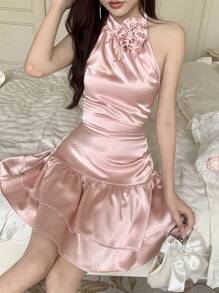 DAZY 3D Floral Decor Halter Satin Satin Cake Design Hollow-Out Backless Ladies Dress For Wedding & Banquet Summer Prom Dress Party Women Sundress