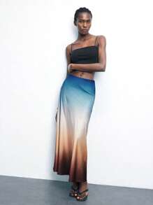 SHEIN Maija Ombre Satin Soft Touch Fashion Women Skirt, Versatile Spring/Summer Bottoms, Suitable For Festivals - Brown - View 4