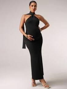 MaterniChic Đầm hở lưng thanh lịch, màu trơn gợi cảm dành cho phụ nữ mang thai, thích hợp cho các dịp tiệc tùng và tụ tập - màu đen - Xem 6