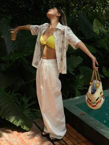 Livesso Women Fashionable Solid Loose Elastic Waist Wide Leg Long Pants