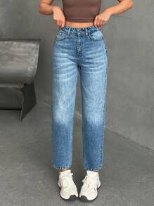 EURMUSE Jeans casual cintura alta com lavagem de neve e ajuste da mãe - Lavagem Média - Ver 4