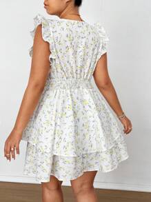 Flirla Plus Size Women's Ditsy Floral Ruffle Hem Short Dress, Vacation Style - White - View 5
